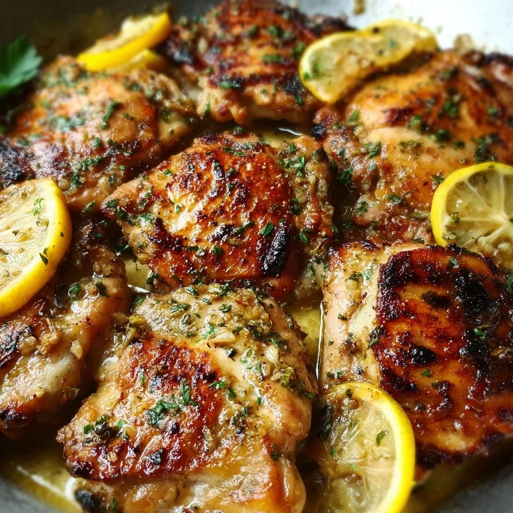 Delicious Lemon Garlic Chicken Thighs served with herbs and lemon slices