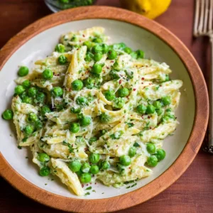 A bowl of Lemon Ricotta Pasta with Fresh Peas, garnished with lemon zest and peas.