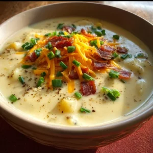 Bowl of loaded potato soup garnished with cheese, bacon, and chives.