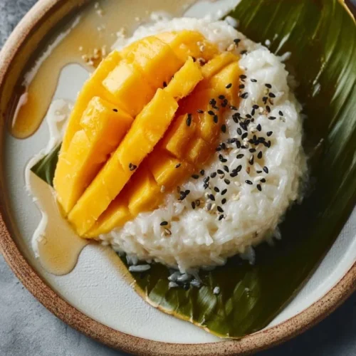 Delicious Mango Sticky Rice dessert with ripe mango slices and coconut sauce