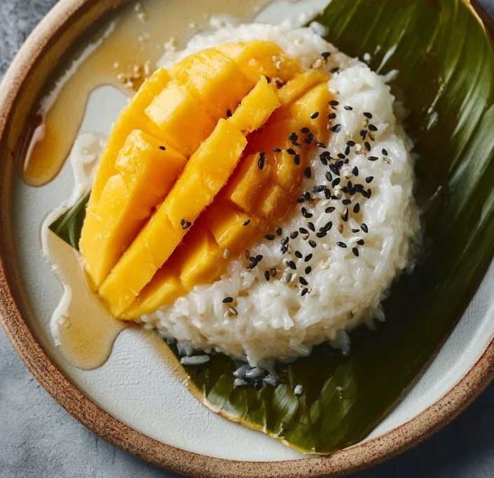 Delicious Mango Sticky Rice dessert with ripe mango slices and coconut sauce