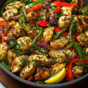 Colorful Mediterranean Chicken Stir Fry with fresh vegetables and herbs
