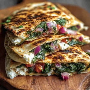 Mediterranean Quesadillas with spinach, feta cheese, mozzarella, and red onion.