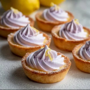 Delicious mini lemon tarts topped with whipped cream on a decorative plate
