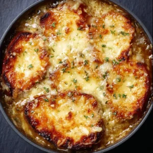 Delicious One Pot French Onion Soup topped with melted cheese and herbs