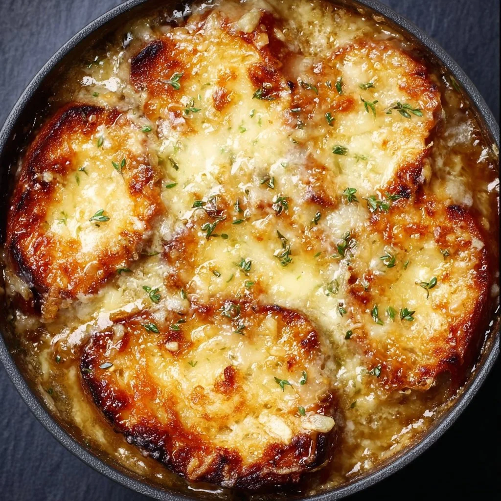 Delicious One Pot French Onion Soup topped with melted cheese and herbs