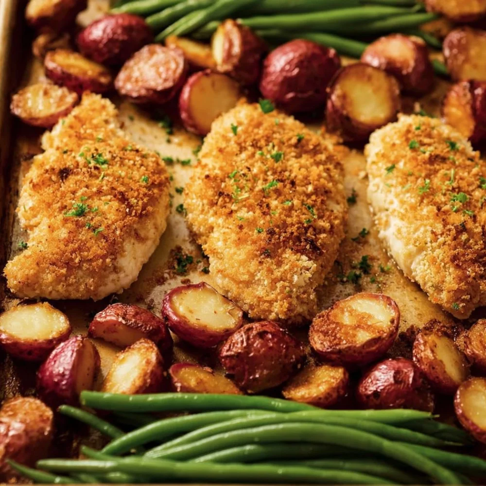 Delicious Parmesan Crusted Chicken Sheet Pan Dinner with vibrant vegetables