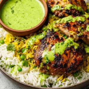 Plate of Peruvian chicken with rice and green sauce garnished with herbs