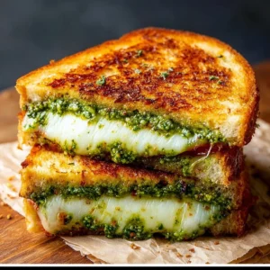 Delicious pesto grilled cheese sandwich with melted cheese and fresh basil