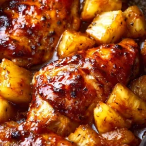 Pineapple barbecue chicken plate garnished with fresh herbs and pineapple slices