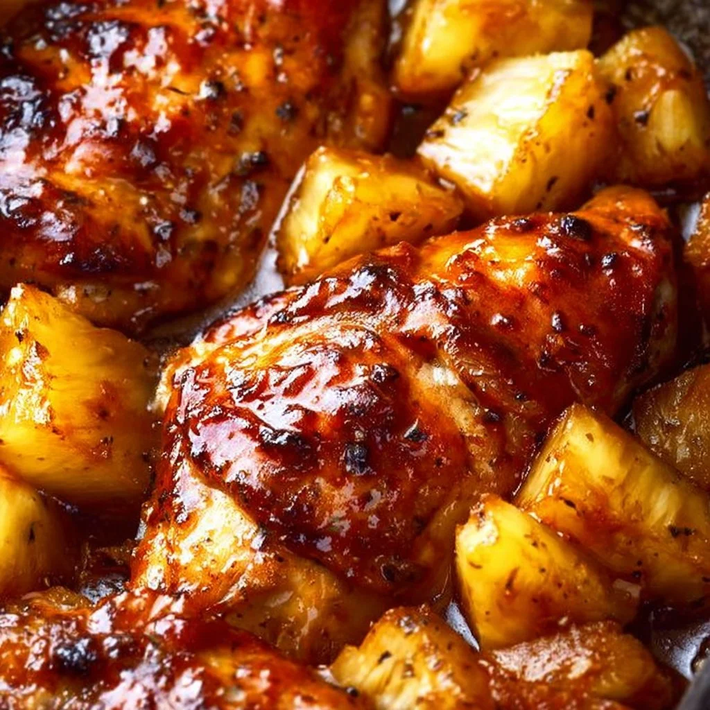 Pineapple barbecue chicken plate garnished with fresh herbs and pineapple slices