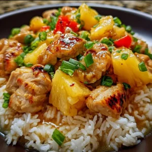 Delicious pineapple chicken served with rice on a plate