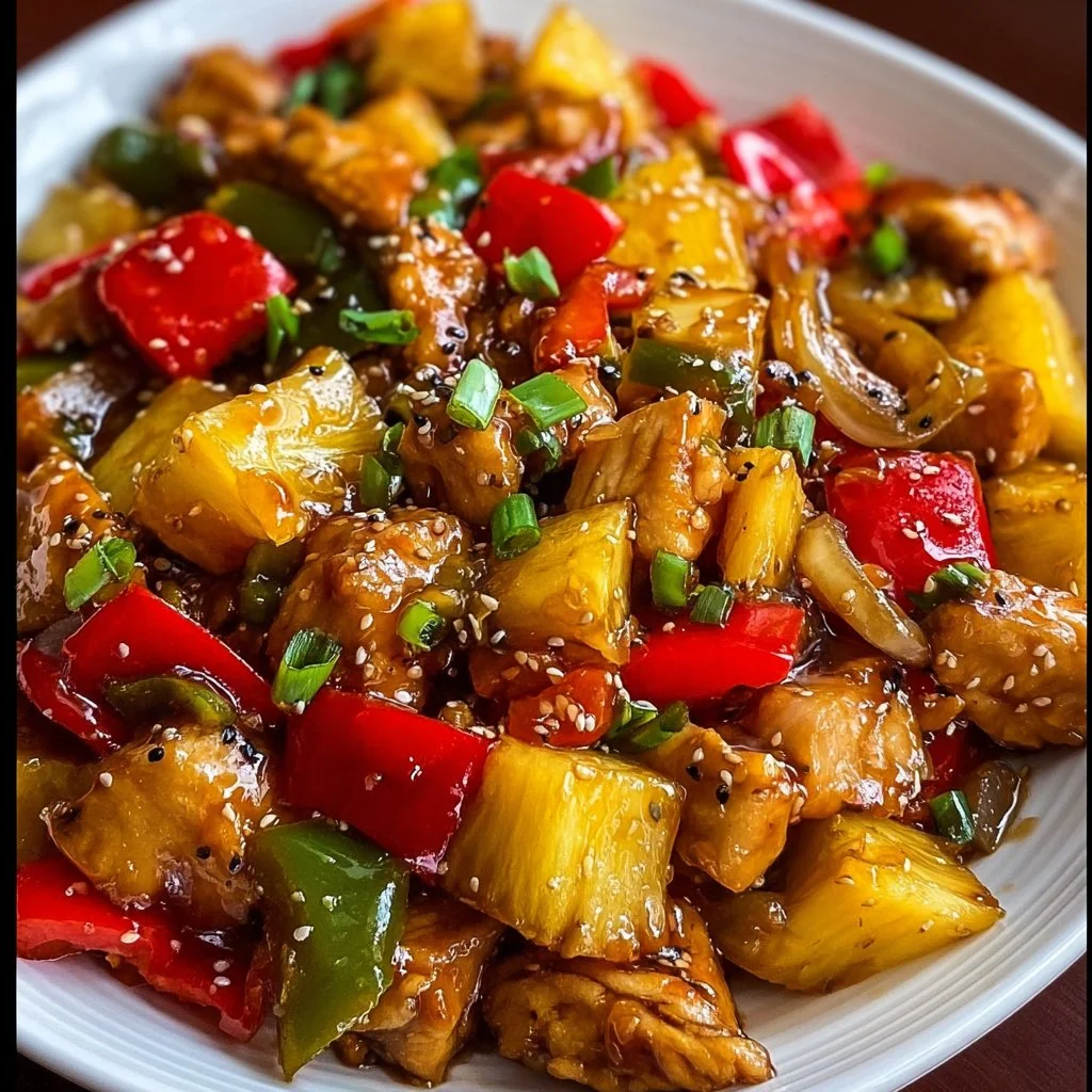 Cooked Pineapple Chicken Stir Fry with colorful vegetables in a pan