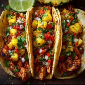 Delicious Pineapple Chicken Tacos topped with fresh ingredients.