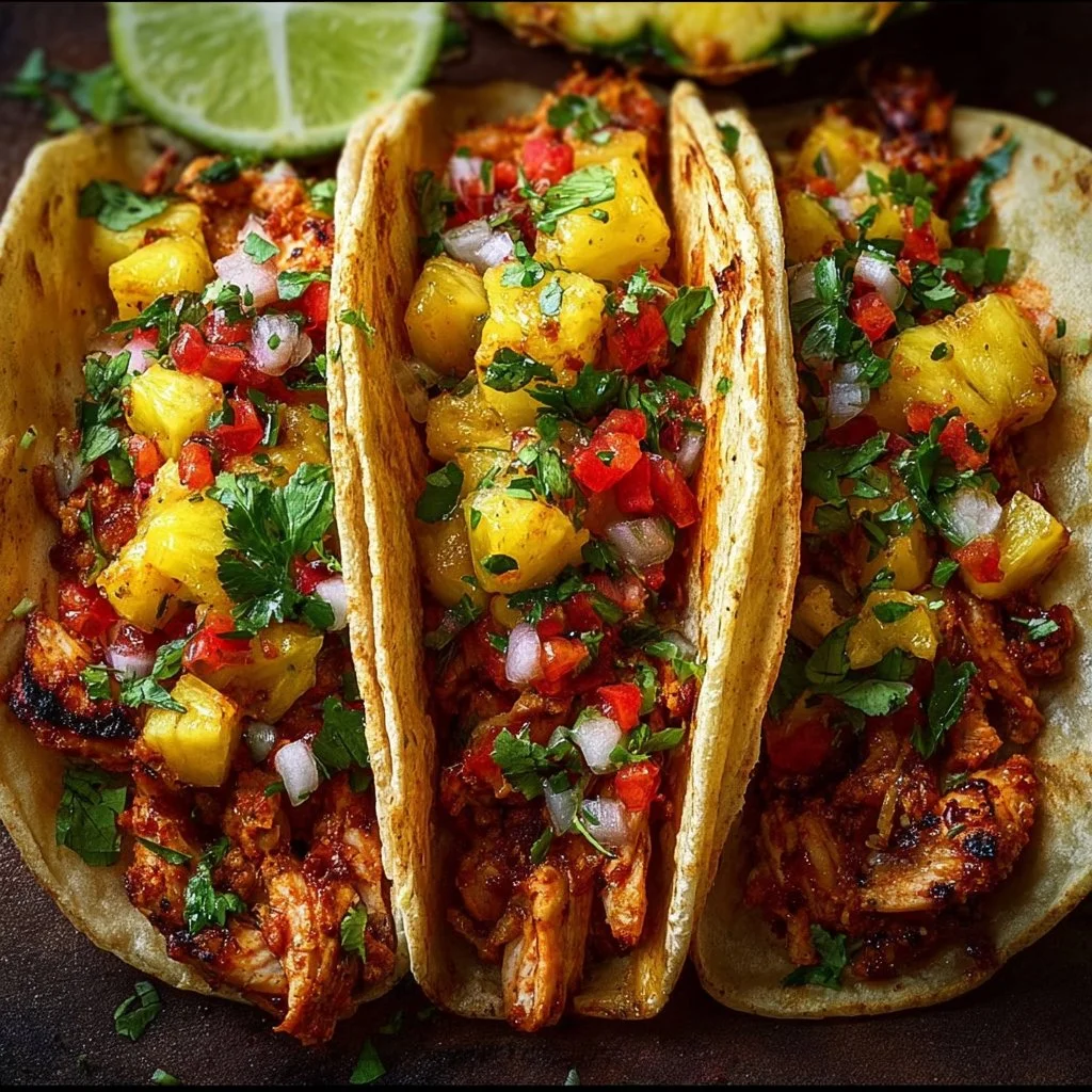 Delicious Pineapple Chicken Tacos topped with fresh ingredients.