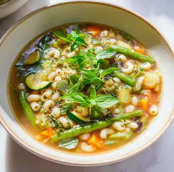 Bowl of vibrant Pistou Soup topped with fresh basil and vegetables.