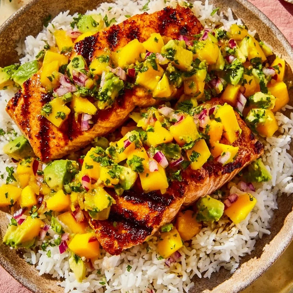 Grilled salmon topped with fresh mango salsa, garnished with cilantro and lime.