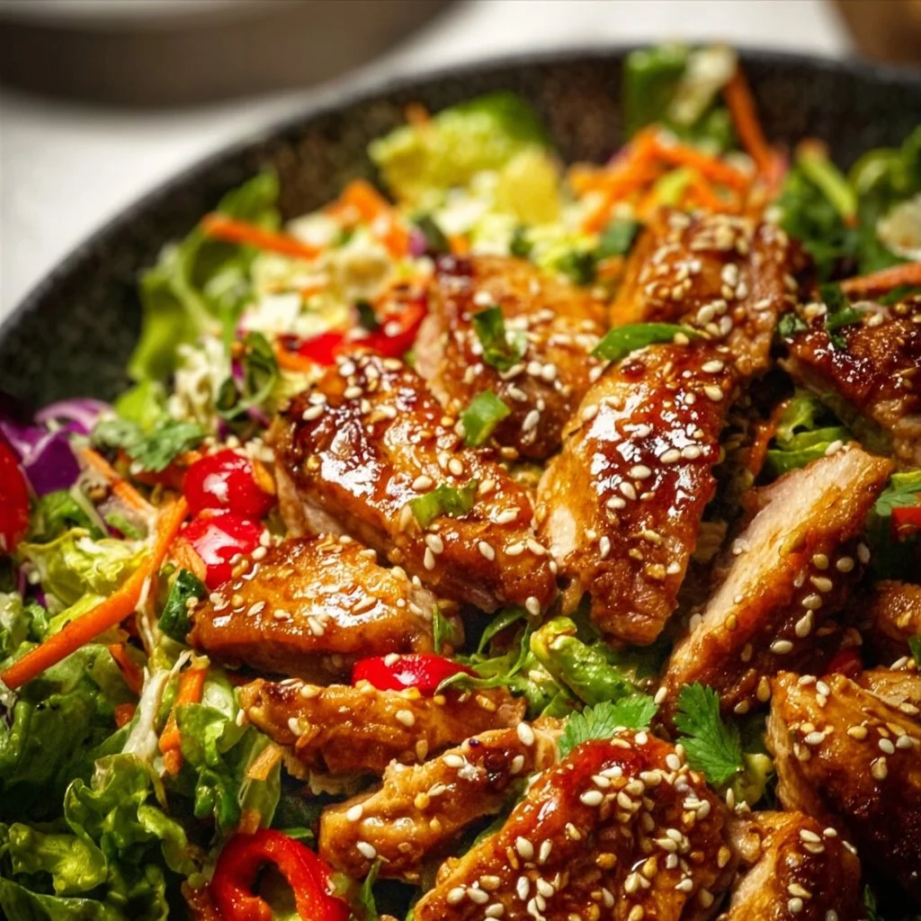 Delicious sesame chicken salad with fresh vegetables and sesame dressing