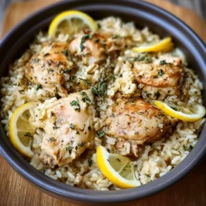 Delicious slow cooker lemon herb chicken with rice served in a bowl.