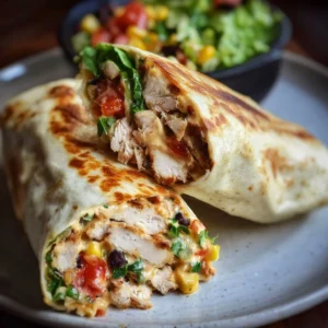 Delicious Southwest Chicken Wrap with grilled chicken, veggies, and spicy sauce.