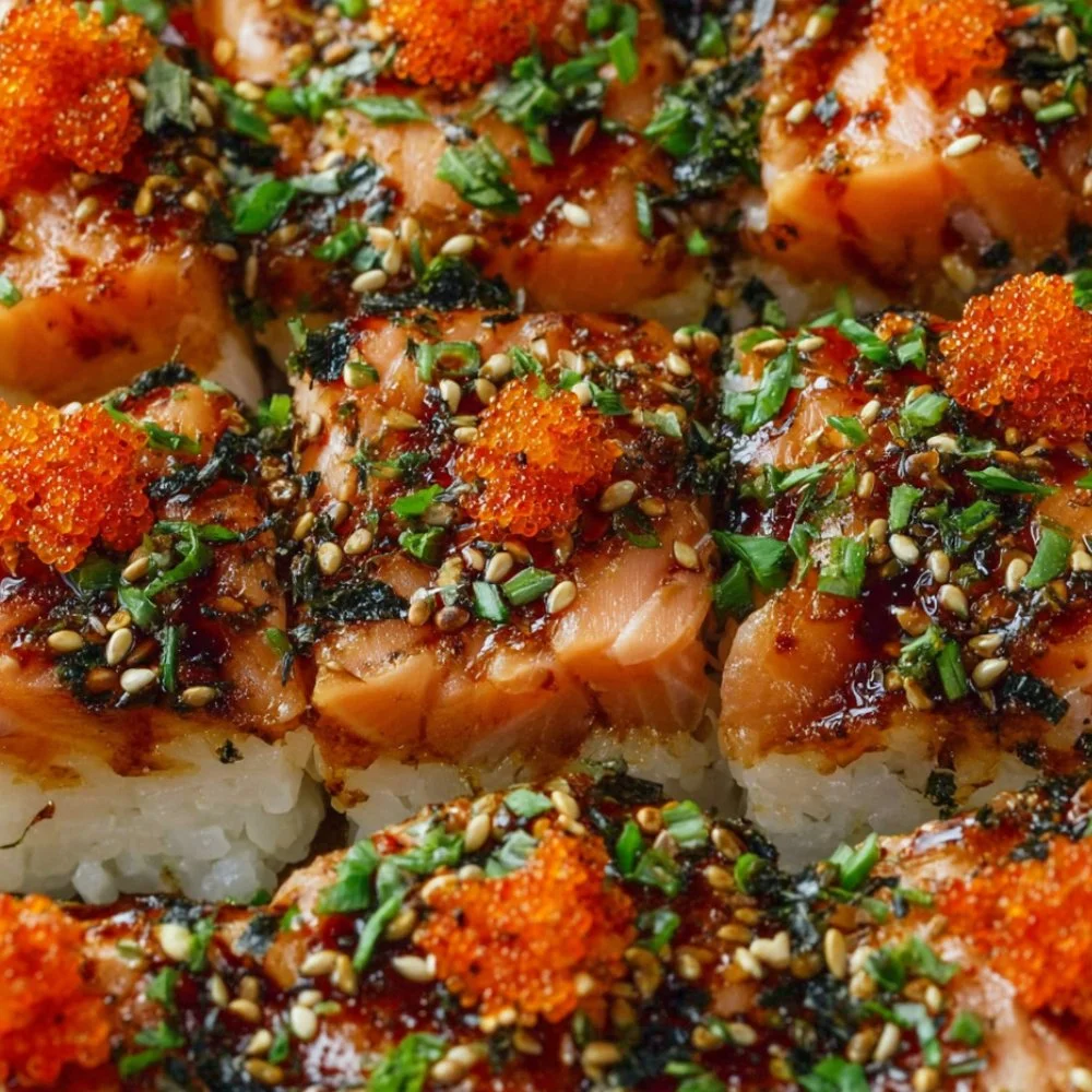 Baked spicy salmon sushi dish topped with green onions and seaweed