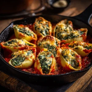 Spinach and ricotta stuffed shells served in a baking dish with marinara sauce.