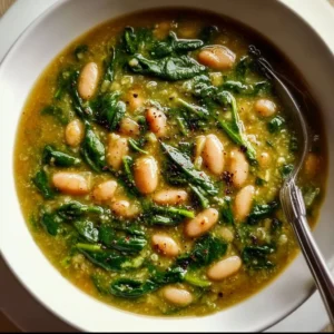 Bowl of delicious spinach white bean soup garnished with fresh herbs.