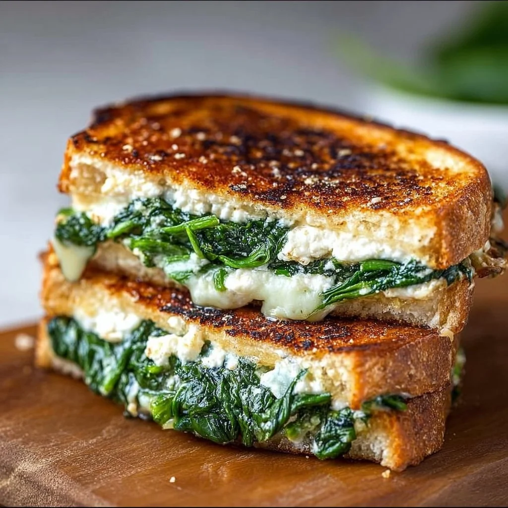 Delicious spinach feta grilled cheese sandwich with crispy edges