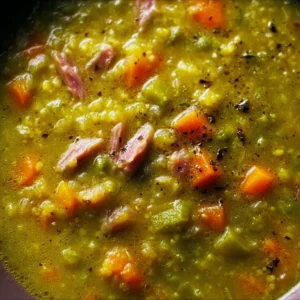 Delicious bowl of split pea soup garnished with herbs and served with crusty bread
