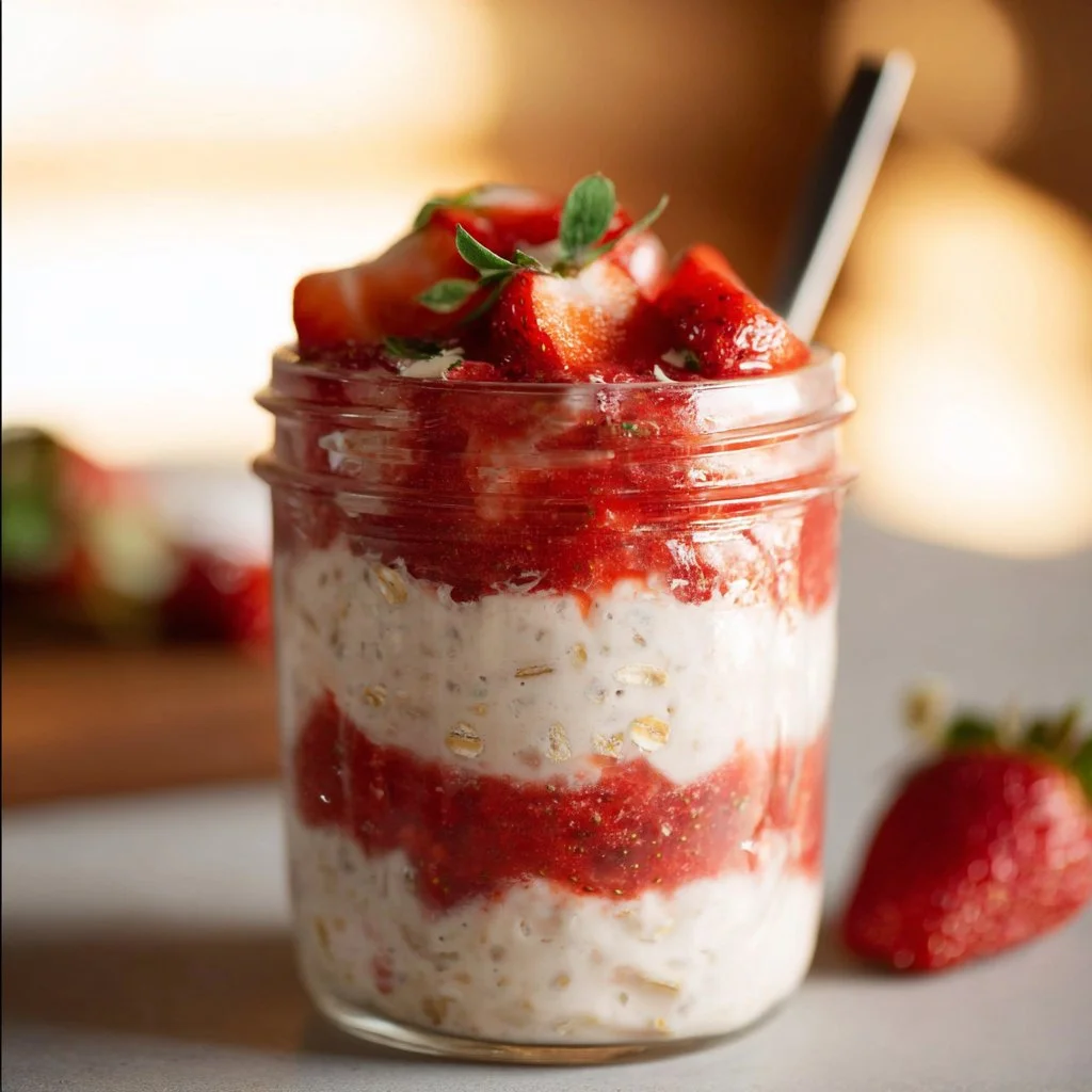 Bowl of Strawberry Cheesecake Overnight Oats topped with fresh strawberries