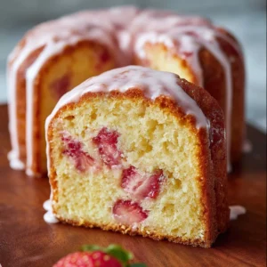 Strawberry milkshake pound cake topped with fresh strawberries and whipped cream