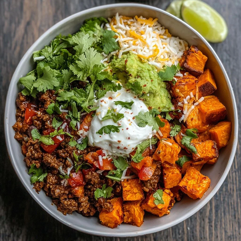Delicious sweet potato taco bowl topped with fresh ingredients