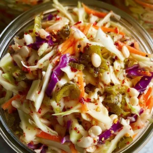 Bowl of Sweet & Spicy Pickle Slaw featuring vibrant colors and fresh ingredients.