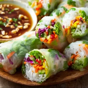 Delicious fresh spring rolls filled with crunchy vegetables and served as a healthy appetizer.