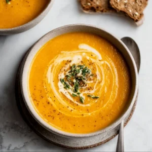 Bowl of delicious vegan carrot ginger soup topped with herbs