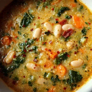 Bowl of Tuscan white bean soup garnished with herbs and served with crusty bread