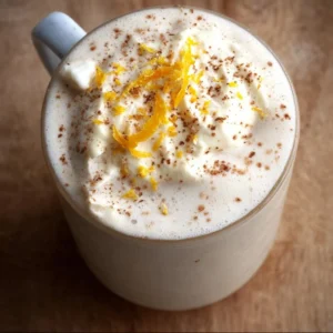 A warm mug of White Chocolate Orange Hot Cocoa topped with whipped cream.