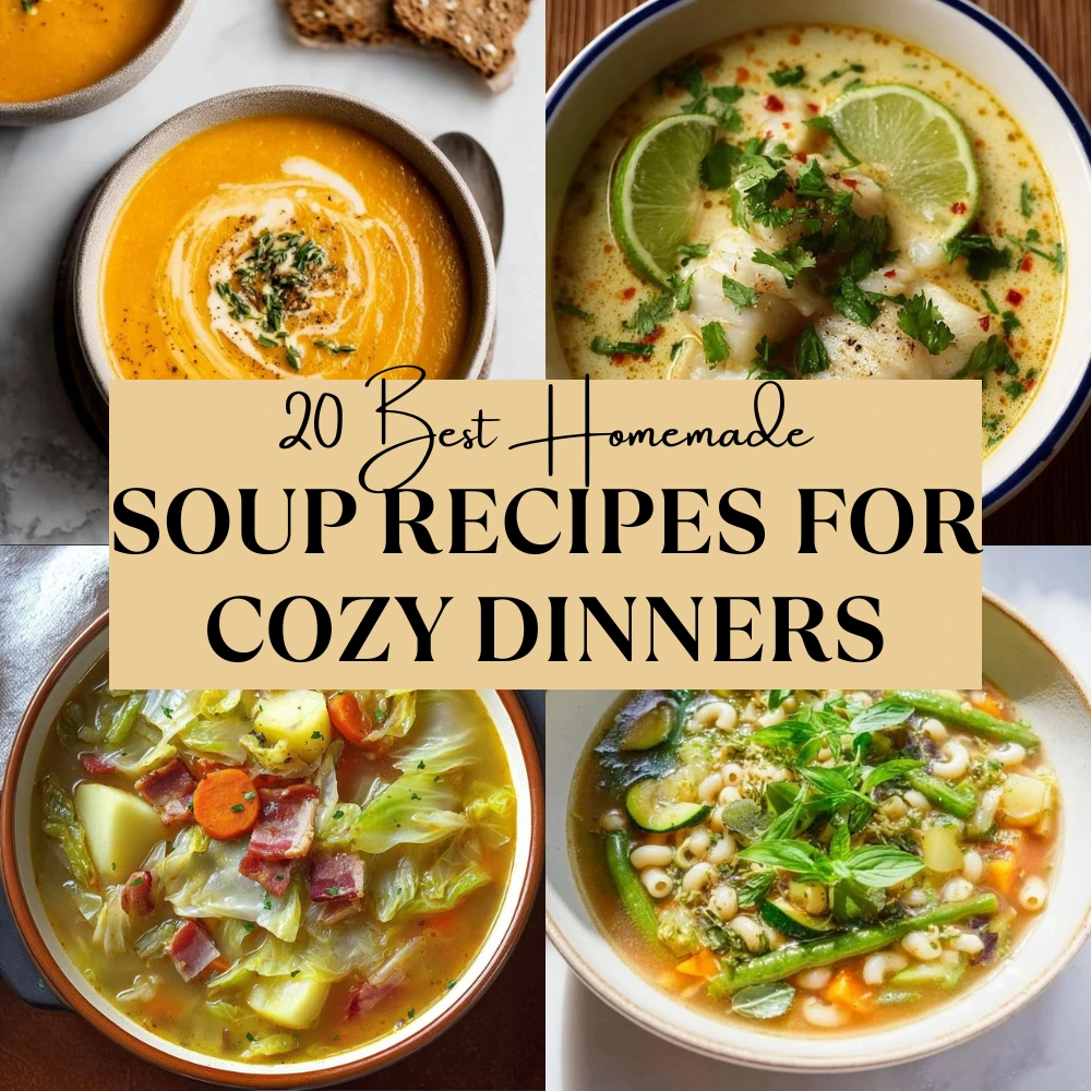 Collage of homemade soup recipes including creamy pumpkin soup, coconut fish soup with lime, hearty cabbage and bacon soup, and vegetable minestrone, featured as 20 best homemade soup recipes for cozy dinners.