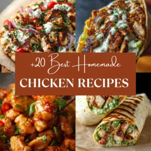 Collage of homemade chicken recipes featuring grilled chicken flatbread, chicken gyro wrap with creamy sauce, sticky glazed chicken bites, and grilled chicken wraps, highlighted as 20 best homemade chicken recipes.