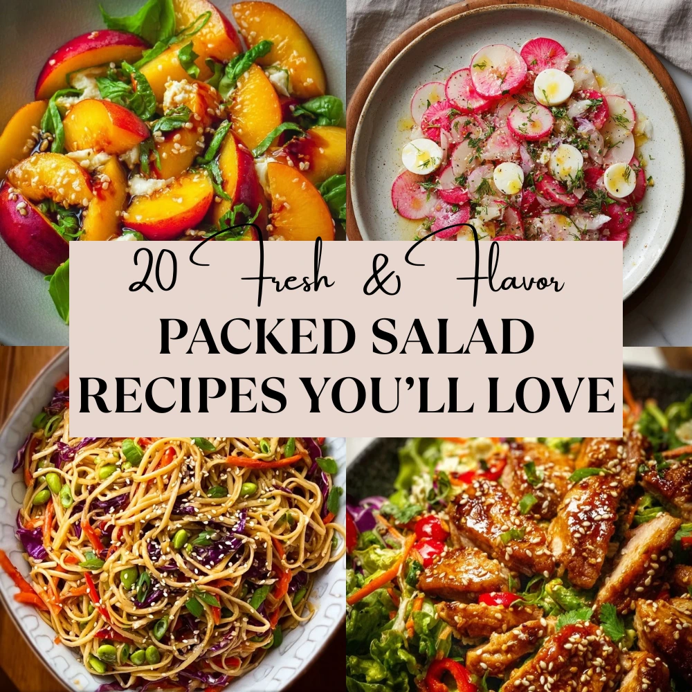 fresh and flavor-packed salad recipes including peach salad with greens, radish and egg salad, sesame noodle salad with vegetables, and sesame chicken salad, featured as 20 fresh salad recipes you’ll love.