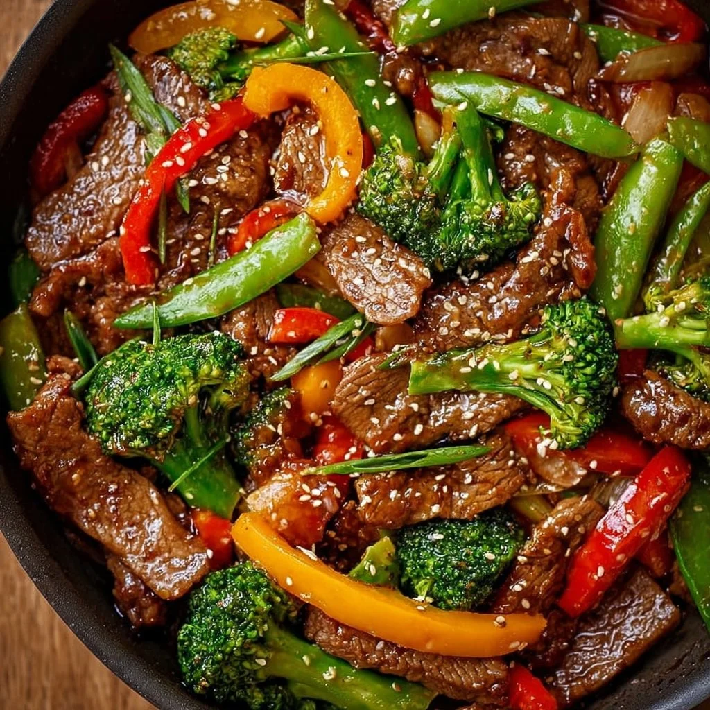 Quick and easy beef stir fry dish served with colorful vegetables