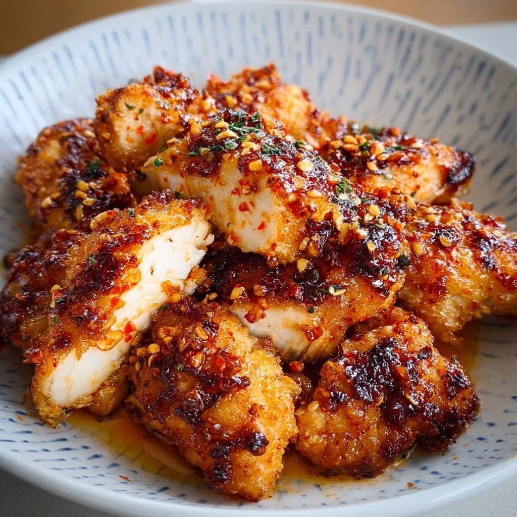 Crispy Air Fryer Bang Bang Chicken garnished with green onions and sesame seeds.