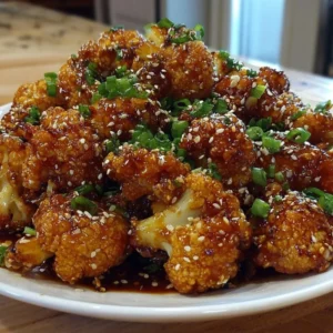Plate of sticky honey garlic cauliflower tossed in a sweet glaze
