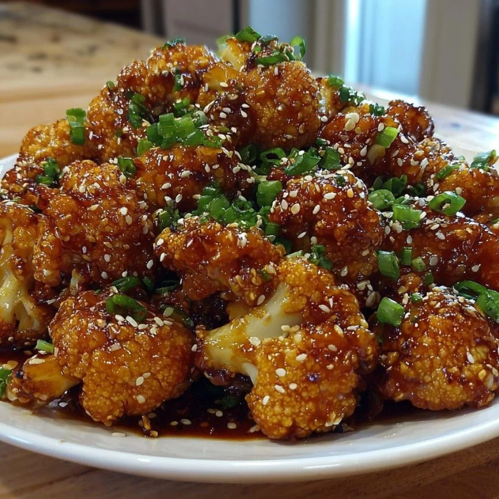 Plate of sticky honey garlic cauliflower tossed in a sweet glaze