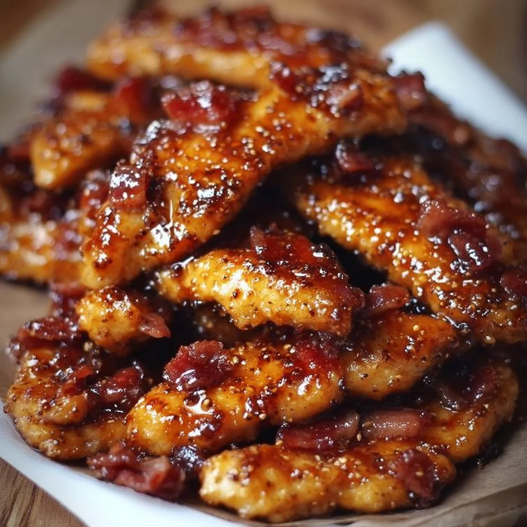Delicious Bacon Brown Sugar Chicken Tenders served on a plate