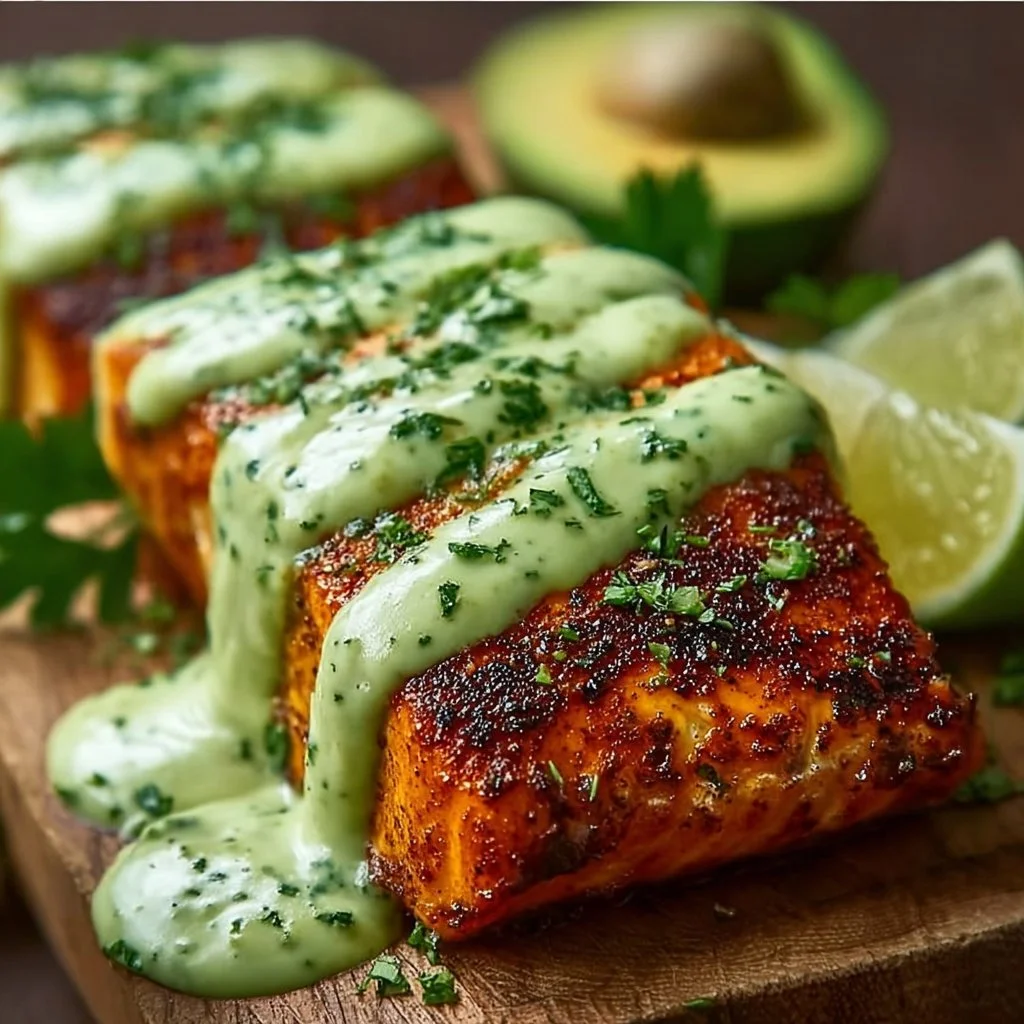 Baked Cajun Salmon fillet served with creamy avocado lime sauce on a plate