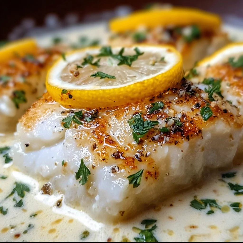 Baked cod in coconut lemon cream sauce garnished with fresh herbs