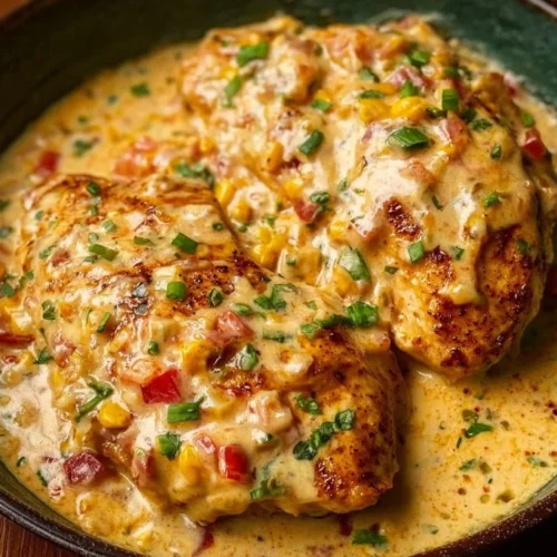 Baked queso chicken dish served with melted cheese and spices.