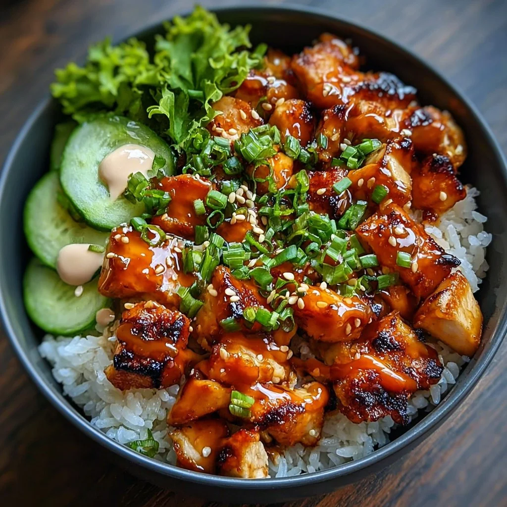 Delicious Bang Bang Chicken Bowl with spicy sauce and vibrant garnishes