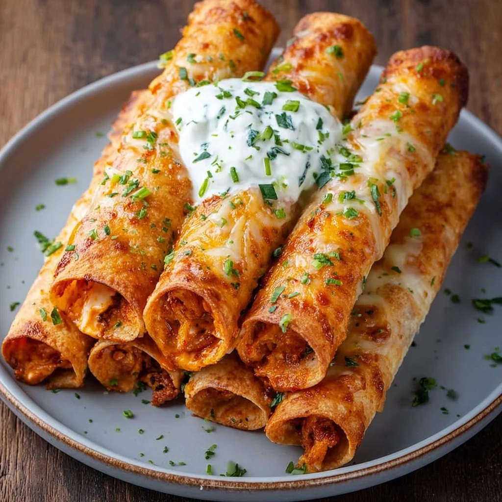 Plate of crunchy Buffalo Chicken Taquitos with spicy dipping sauce